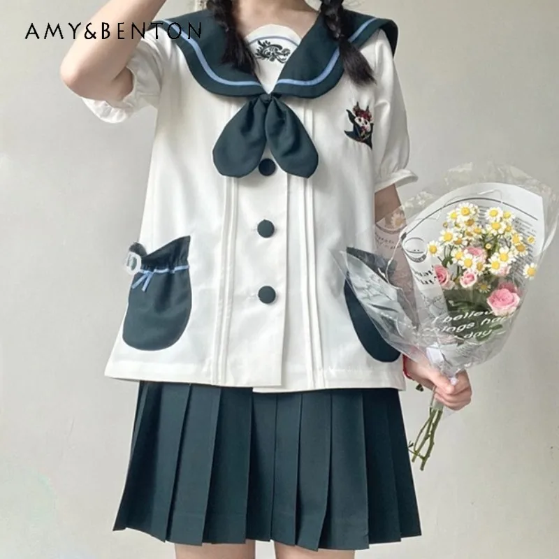 New Japanese Style JK Uniform Outfits Spring Summer Cartoon Cute Sweet Short Sleeves Top And Skirt Solid Color Sailor Suit Women