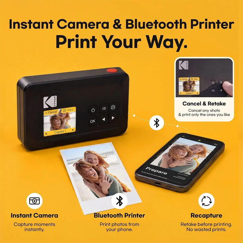 KODAK Mini Shot 2 Retro C210R Portable 2-in-1 Instant Camera & Photo Printer Bluetooth 4PASS 2.1x3.4 Inch for iPhone iOS Android