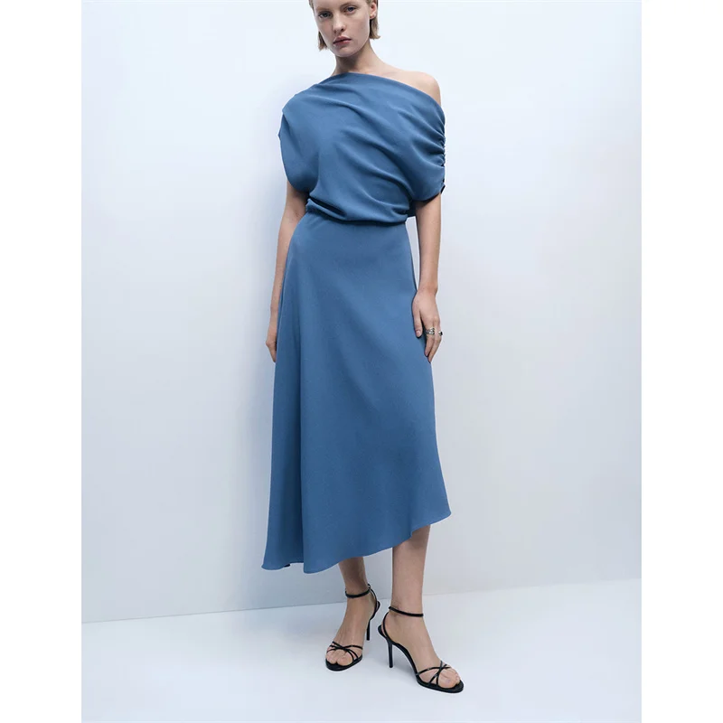 우아한 블루 비대칭 숄더 바나 여성 드레스 반팔 미디 길이 여름 하이웨이스트 OL 스타일 기타 소재
