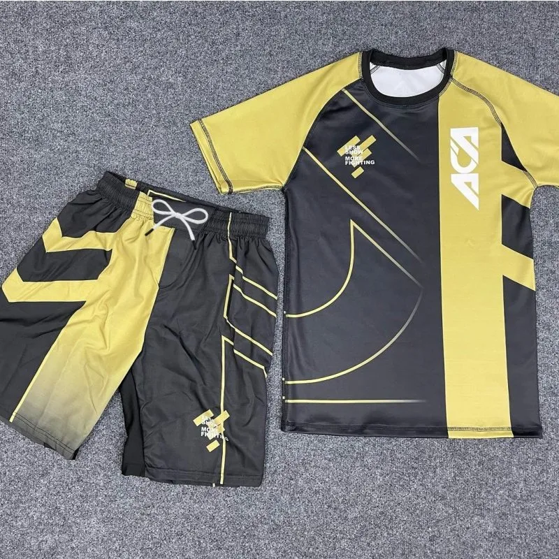 2026 New Men's ACA Combat Suit, Men's Anti-Abrasion Quick-Drying Shirt + Gradient Shorts, Muay Thai Training T-Shirt Set