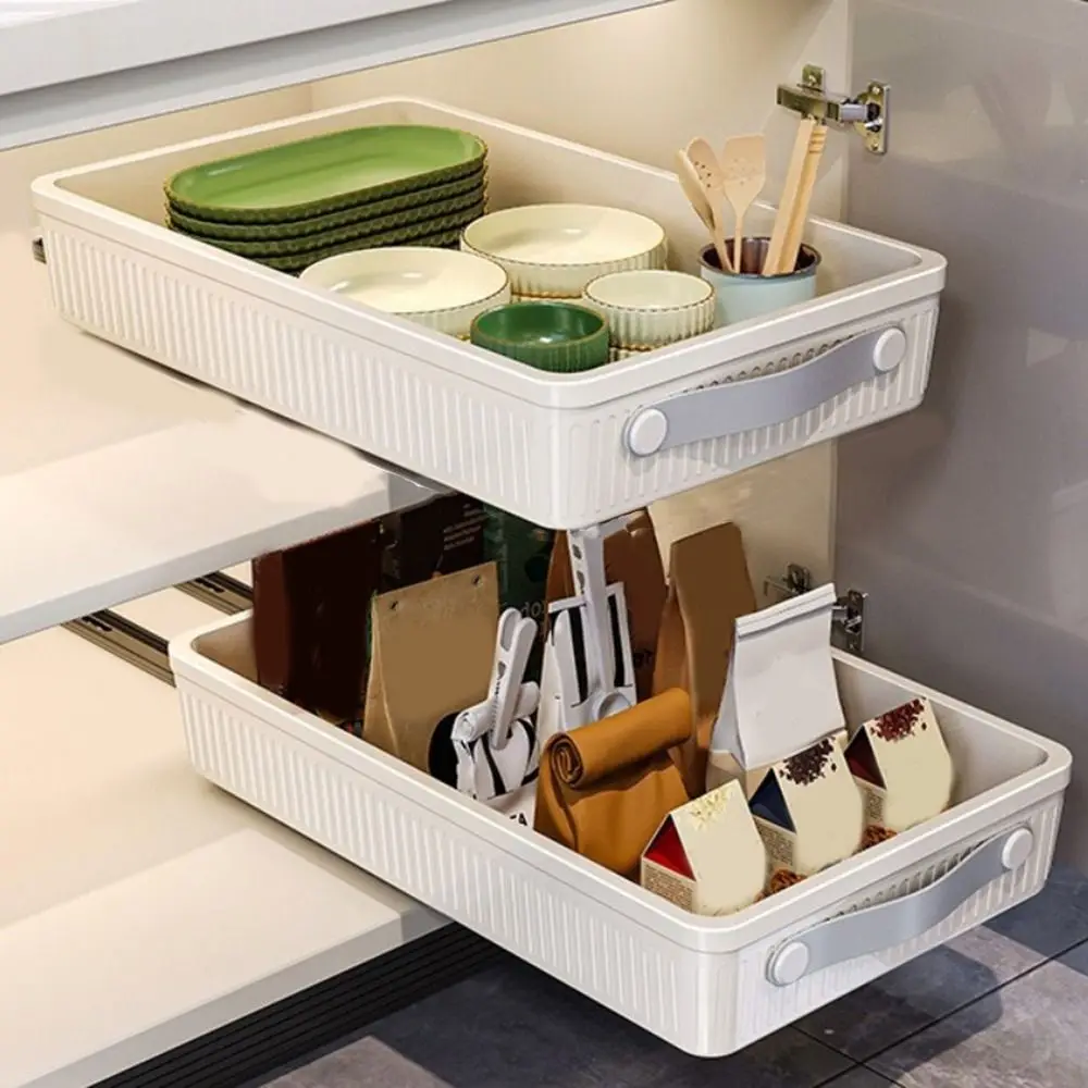 Tiroir de cuisine en plastique, support de rangement de grande capacité, pots à épices antidérapants, support de rangement avec Rails coulissants avec poignée