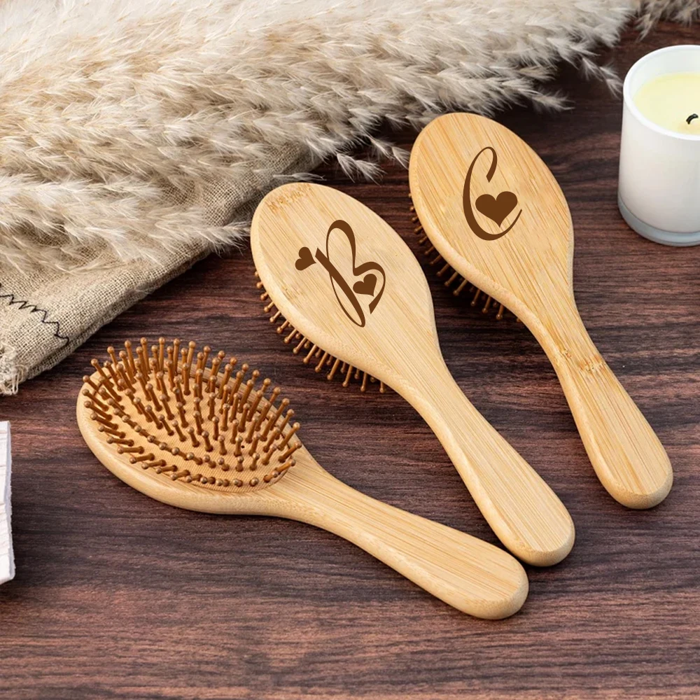 Personalised Initial Letter Hair Brush Custom Engraved Wooden Wedding Comb Handmade Bamboo Airbag Hairbrush Bridesmaid Gift