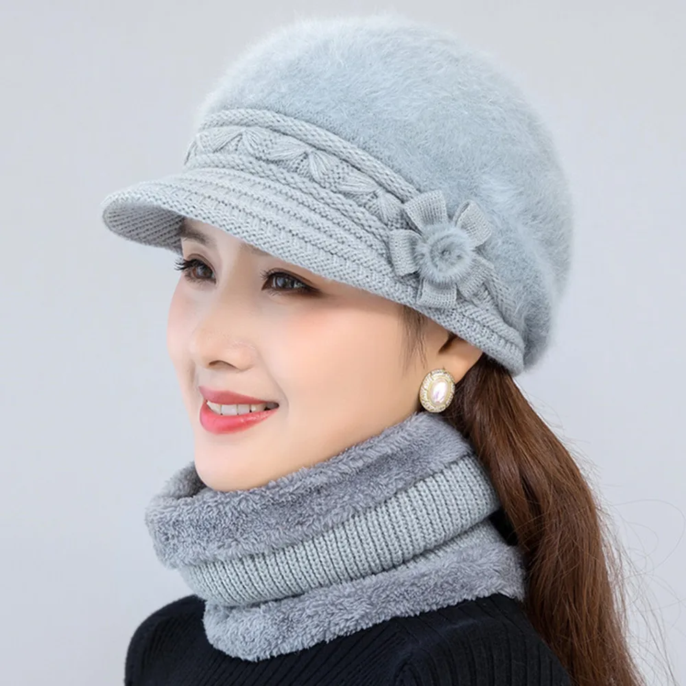 2024 Women Winter Hat Keep Warm Cap Add Fur Lined Hat And Scarf Set Warm Hats For Camping Casual Rabbit Fur Winter Knitted Hat