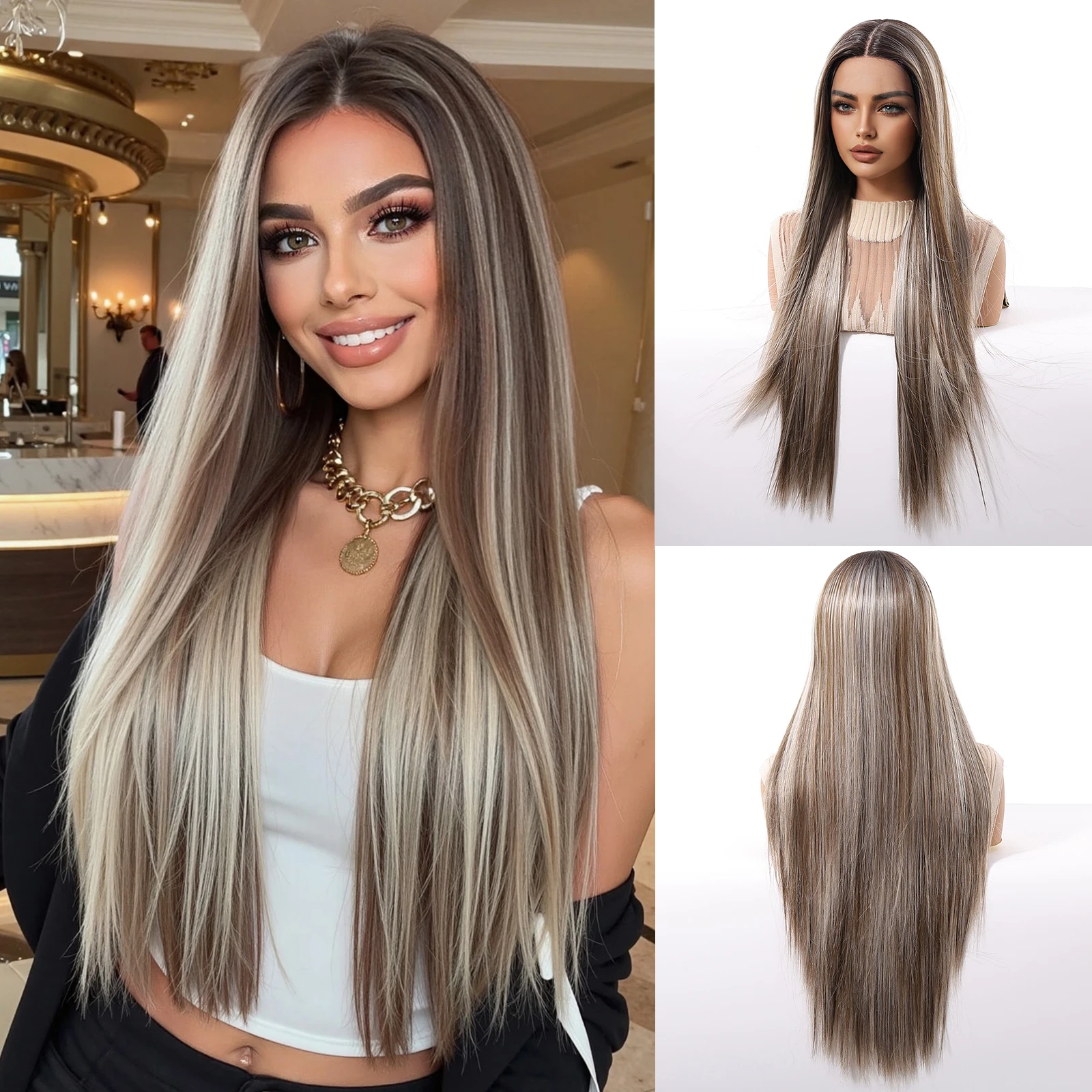 Long Straight Synthetic Wigs T Part Lace For Women Daily Wigs Brown Highlight White For Natural Party Heat Resistant Lace Wigs