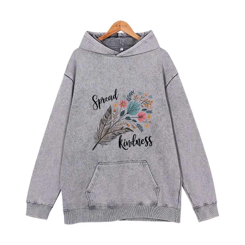 

Grey women's round neck sweatshirt with printed loose hooded sweatshirt, heavyweight cotton men's and women's hooded sweatshirt