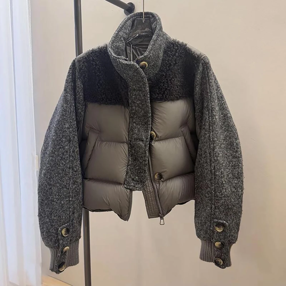 Women Cropped Cotton Puffer Jackets Autumn Winter Thick Warm Stand Collar Lambswool Spliced Quilted Coat Trendy Outerwear