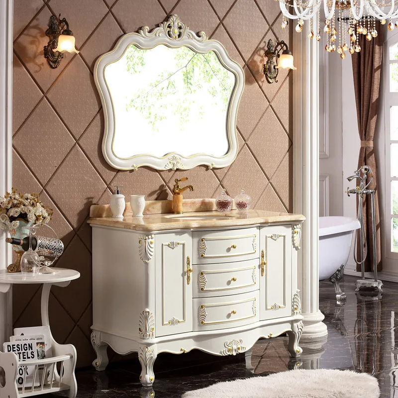 European Bathroom Cabinet Solid Wood Bathroom Cabinet Oak Floor-to-ceiling Marble Washbasin Cabinet Hygiene