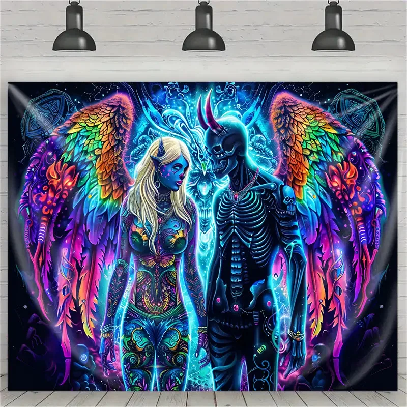 VIKAMA Neon Demon Angel Couple Tapestry Rainbow Wing Wall Hanging Trippy Fantasy Aesthetic Backdrop for Bedroom Blacklight Decor