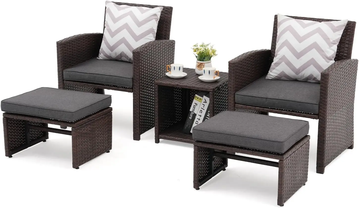 

5 Pcs Patio Conversation Set Balcony Furniture Set with Cushions, Brown Wicker Chair with Ottoman, Storage Table for Backyard