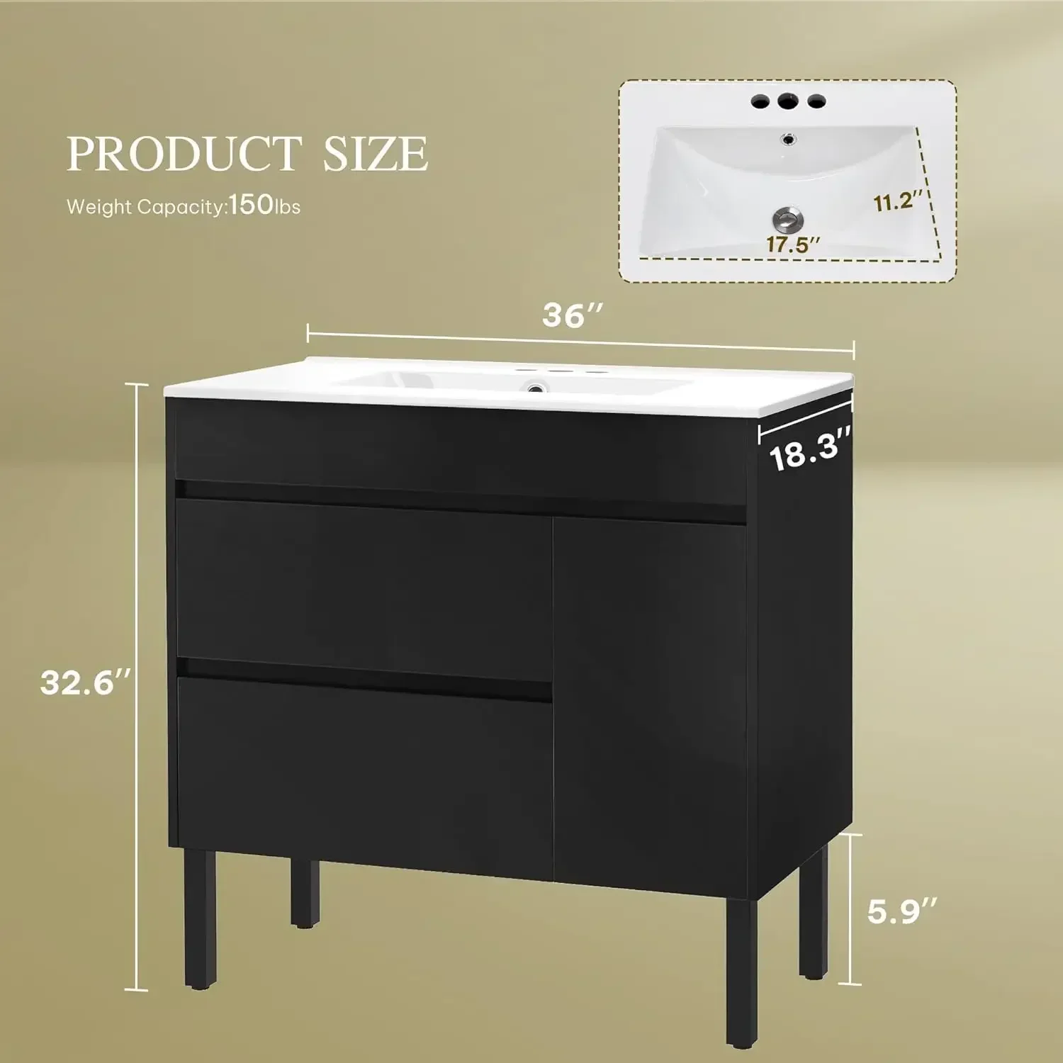 36 Inch Bathroom Vanity with Undermount Sink, Black Bathroom Sink Cabinet, Modern Bathroom Storge Vanity Includes Adjustable Leg