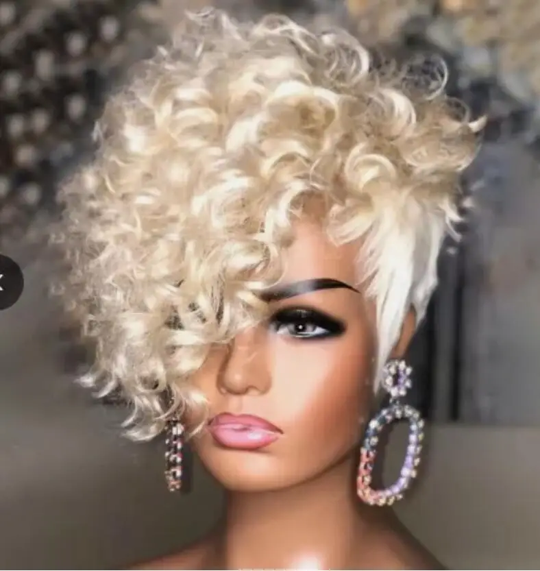 Women Platinum Blond Short Curly Wigs Afro  Cut Wig Wave Hair Synthetic