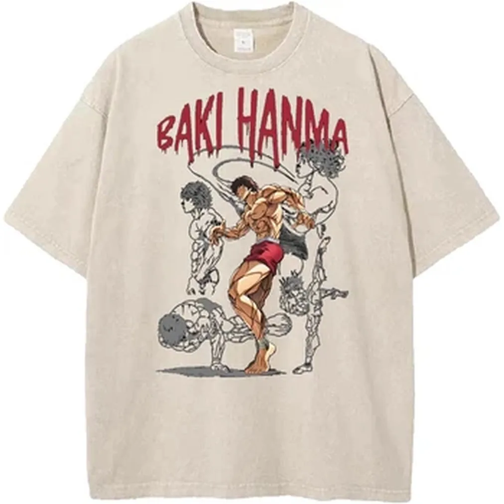 Camiseta con estampado de Manga Baki, camiseta holgada vintage lavada estilo Harajuku, camiseta transpirable de verano de manga corta, ropa de algodón para hombres y mujeres
