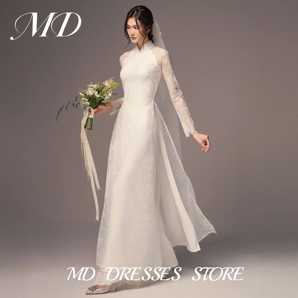 MD 2025 Simple Lvory A-line Wedding Dress Lace Full Sleeves 웨딩드레스 High Neck Korea PhotoShoot Floor-Length Bride Gown Customised