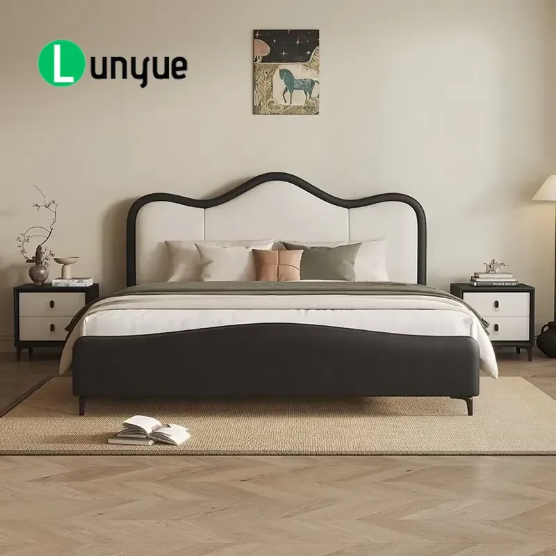 Modern Curved Headboard Bed Frame Customizable Leather Upholstered Stylish Bedroom Furniture Wholesale Home Decor