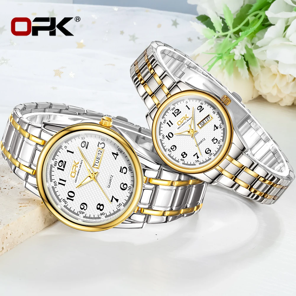 OPK 8110 Couple Watch Fashion Business Stainless Steel Waterproof Glow Double Calendar Quartz Watch Luxury Brand Watch