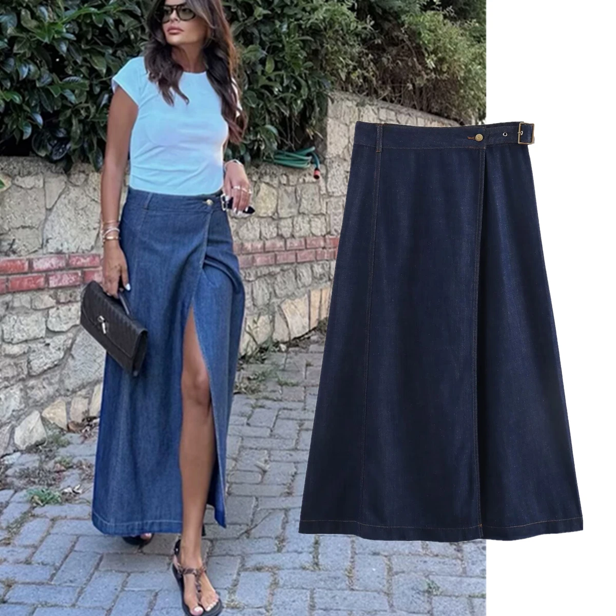 Withered French Minimalist Split Straight Denim Skirt Leg Skirt Women Fashion Ladies Sashes High Waist Midi