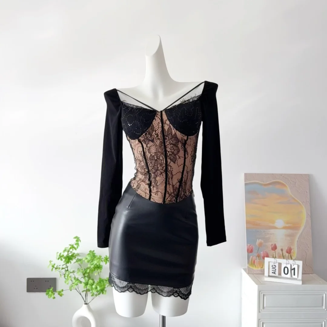 

Женская сексуальная юбка из двух предметов, женская квадратная шея, длинный рукав, кружевная футболка с цветочным принтом, топ + кружевной подол, тонкая мини-юбка