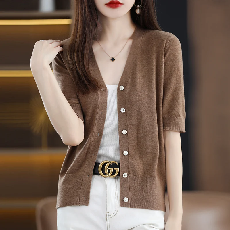 Women 100% Bamboo Fiber Knitted Cardigan 2024 New Short Sleeve Thin Shirt Summer V-Neck Basic For Female Soft Shirt Girl Clothes