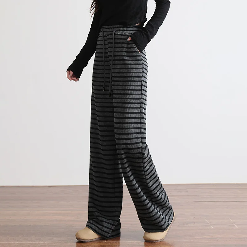 أسود فضفاض يشعر السراويل الخريف مرونة مريحة نسخة ضيقة الطابق طول واسعة الساق السراويل مخطط السراويل الأرز الدبق #4