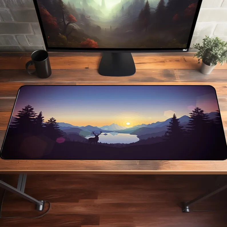 サンセットレイクデスクマット：風光明媚な山の鹿マウスパッド