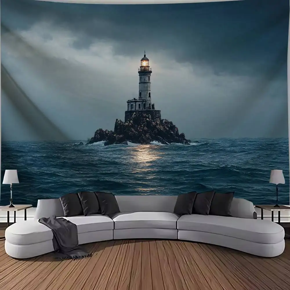 Ocean Lighthouse Tapestry, Moody Stormy Sea Rocky Islet Wall Hanging, Dark Nautical Seascape Bedroom Living Room Home Wall Decor