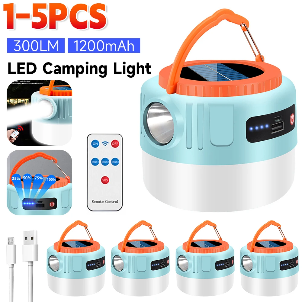 

1-5PCS Solar LED Camping Light USB Rechargeable Portable Lantern Waterproof 6 Modes Hanging Tent Light Bulb LED Emergency Lamp