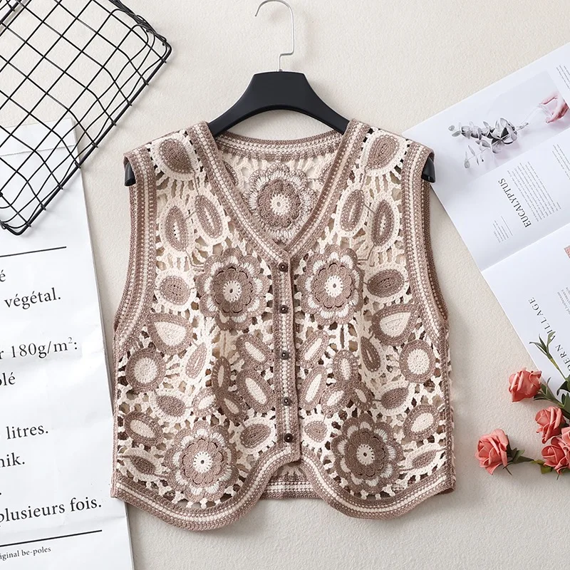 Women Casual New Vintage Hollow Out Crochet Crop Top Vest Embroidery Floral Sleeveless Jacket Cardigan Button Down Boho Top