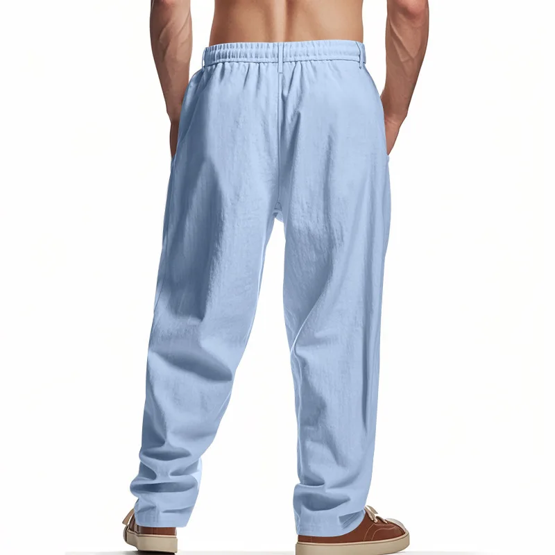 Herren Boho Leinenmischung Weite Hose mit Hoher Taille, Kordelzug, Knopfleiste, Lockerer Passform und Seitentaschen – Detail 35