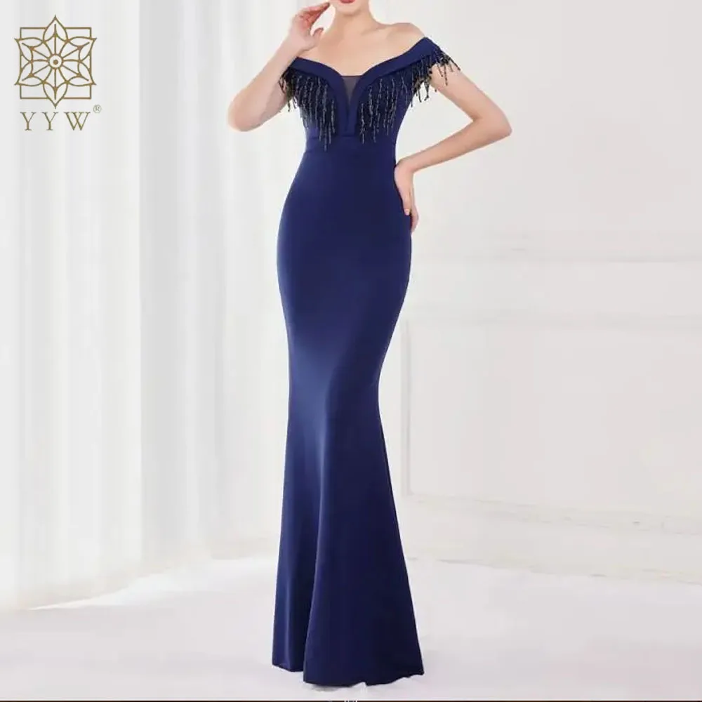 

Boat Neck Elegant Long Prom Dress For New Year Lace Embroidery Mermaid Women'S Dresses For Ceremonies Blue Evening Dresses 4xl