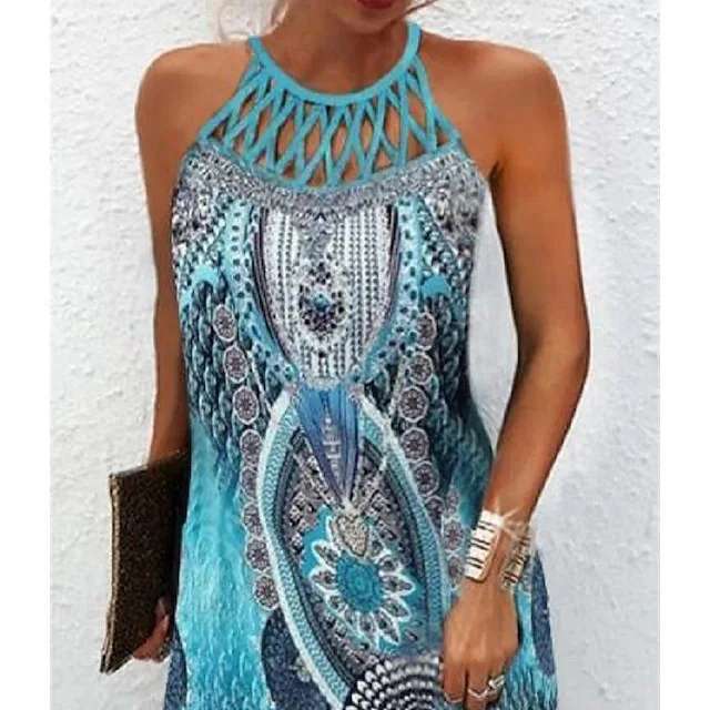 

Сексуальное мини-платье без рукавов с принтом, женские летние повседневные платья в этническом стиле для женщин, халат Femme