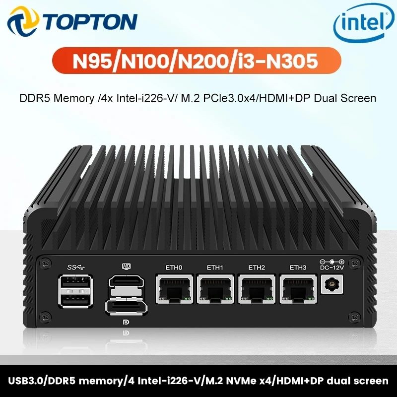 12th Gen Fanless Firewall Soft Router Intel i3 N305 N200 N100 DDR5 4800MHz 4xi226-V 2.5G LAN Mini PC Proxmox ESXi Host Server