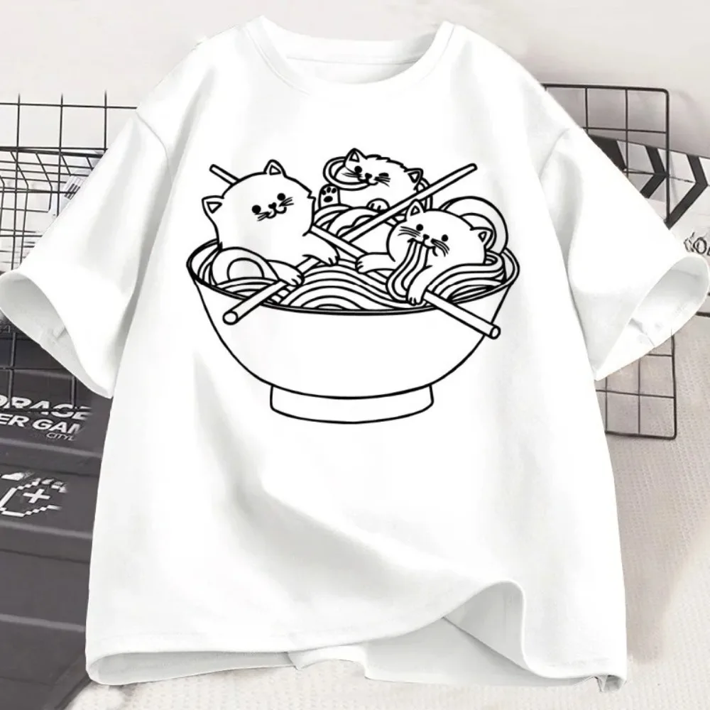 

Japanese cat ramen T-shirt short-sleeved anime T-shirt ramen kitten graphic T-shirt cute food cotton T-shirt top