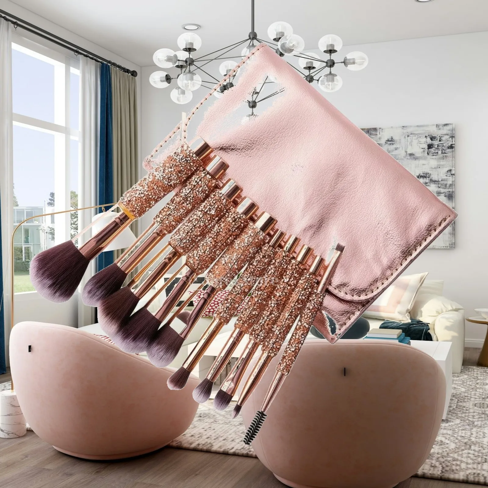 Sparkling Rhinestone Handle Makeup Brush Set with Carrying Case for Professional and Personal Makeup Looks