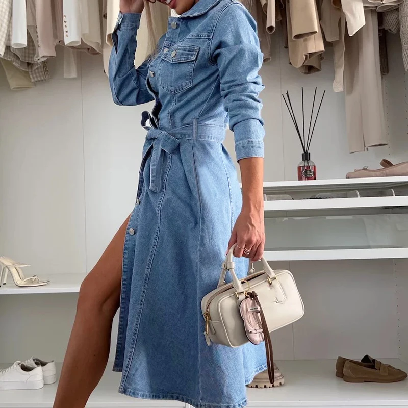 Moda Jednorzędowa sukienka z kieszenią Nowa Casualowa damska długa koszula z klapami Sukienki Wiosna Solidna długa sukienka z długim rękawem Denim