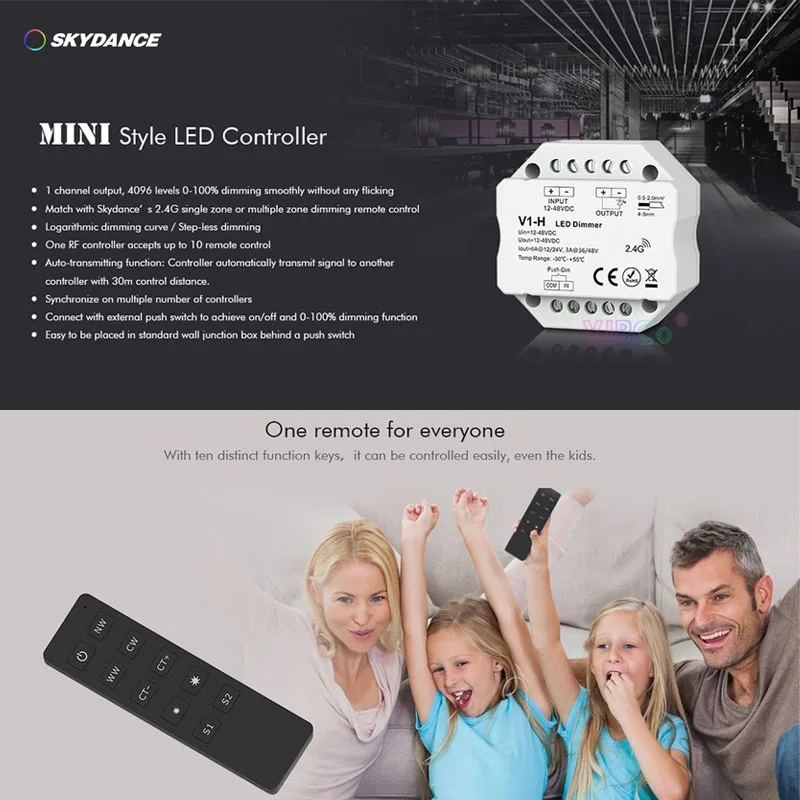 

V1-H Skydance Single Color LED strip Dimmer Step-less dimming/Push Dim monochrome light Controller 12V 24V R1 Wireless remote