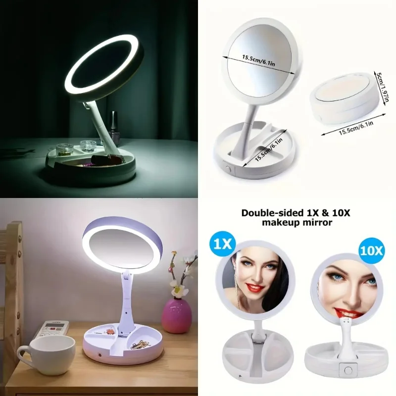 Foldable LED Vanity Mirror with Box, Dual-Sided 1X & 10X Magnification, Adjustable Brightness, Compact Design for Makeup, Dressi