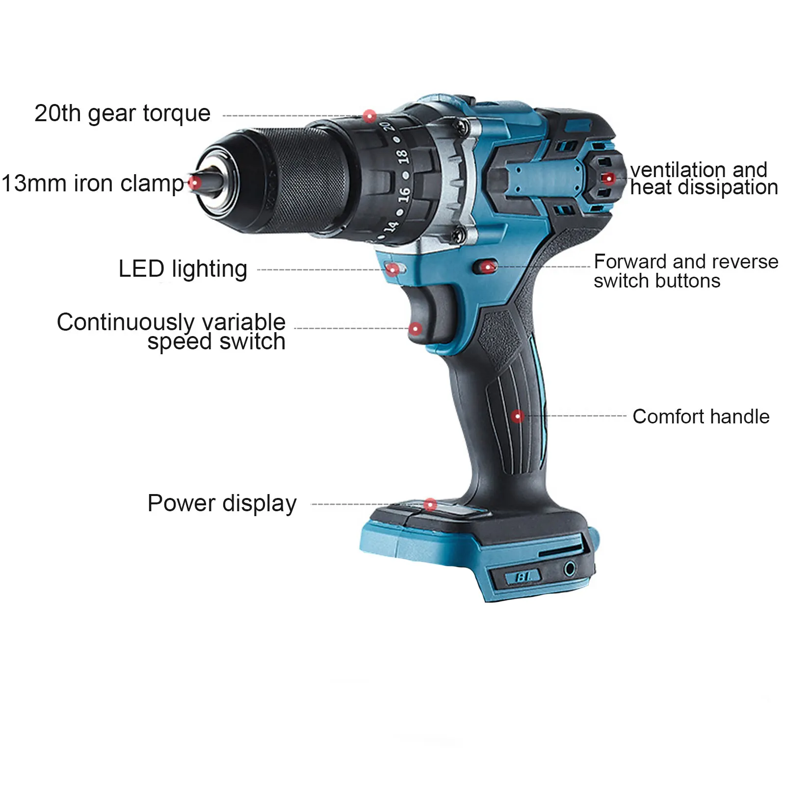 650NM 13MM Brushless Electric Drill 20+3 Torque Cordless Impact Drill Li-ion Electric Screwdriver For Makita 18v Battery