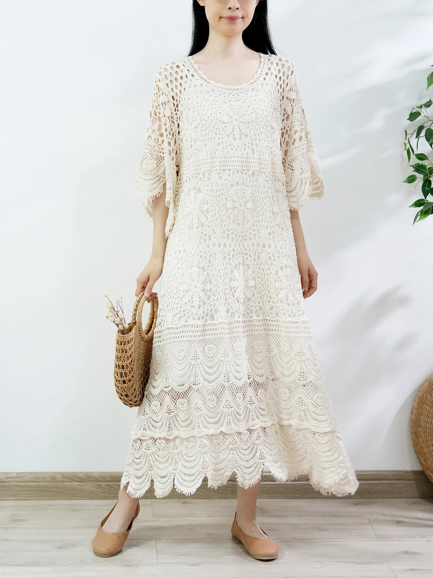 

TIYIHAILEY Spring Summer Women Knitting Dresses Half Flare Sleeve Beige Loose Ladies Clothing Fashion Long Mid-calf 2025 New