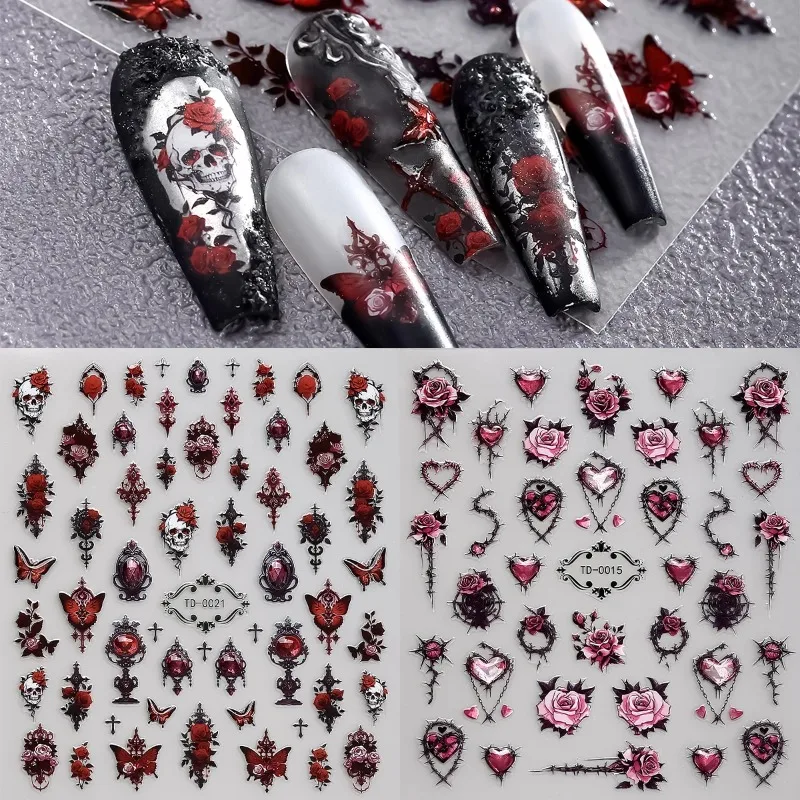 

2pcs 5D Gothic Pink Red Nail Art Stickers Butterfly Rose Skull Y2K Adhesive Nail Decals for Nail Decoration Manicure Sliders