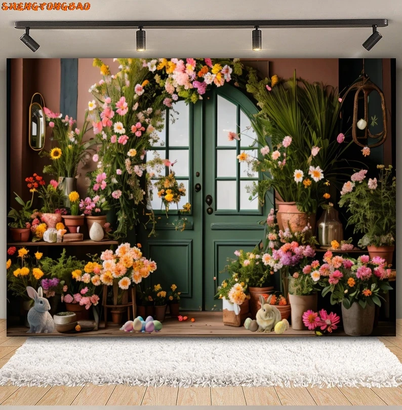 Toile de fond de photographie de Pâques de printemps, lapin, jardin floral, œufs colorés, lapin, fleur, fond d'anniversaire de bébé, studio photo