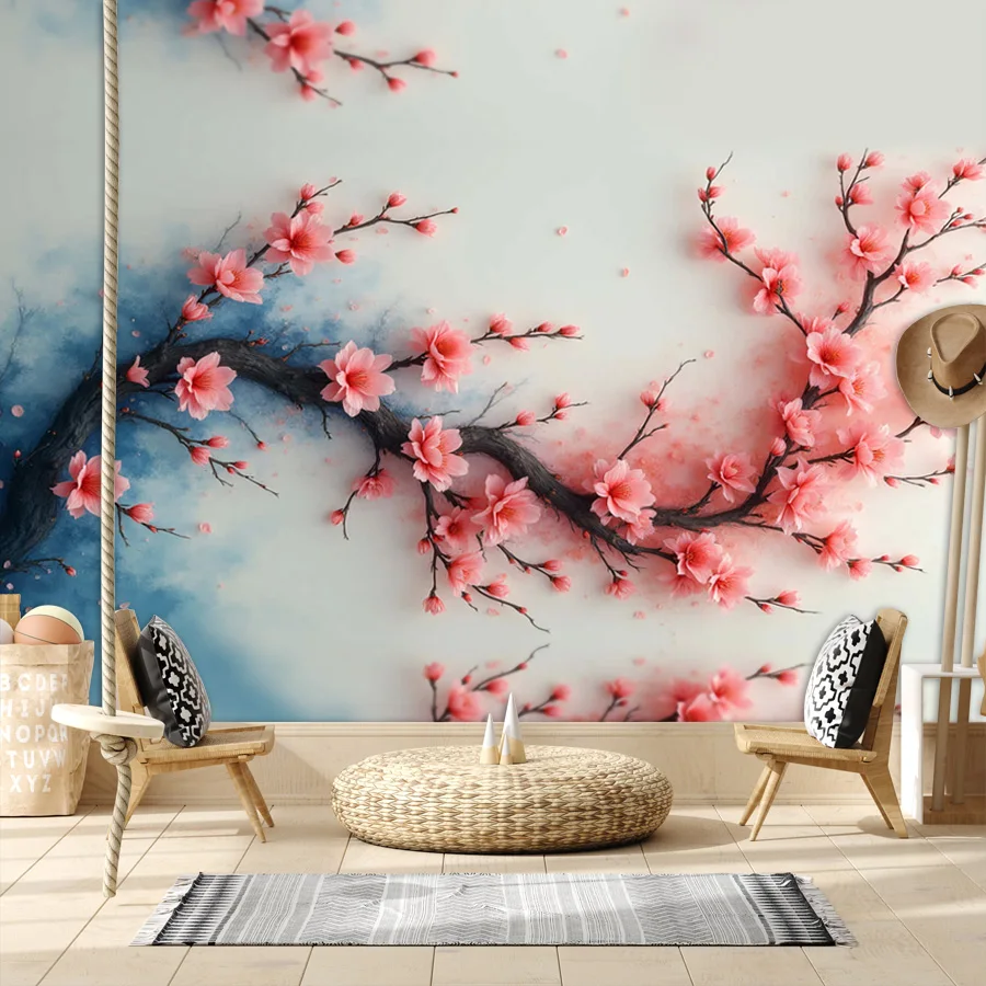 18+ Waterproof Pink Flower Blossom Branch, Peel N Stick Optional, Wallpaper for Living Room Walls Art Papers Home Decor TV Mural