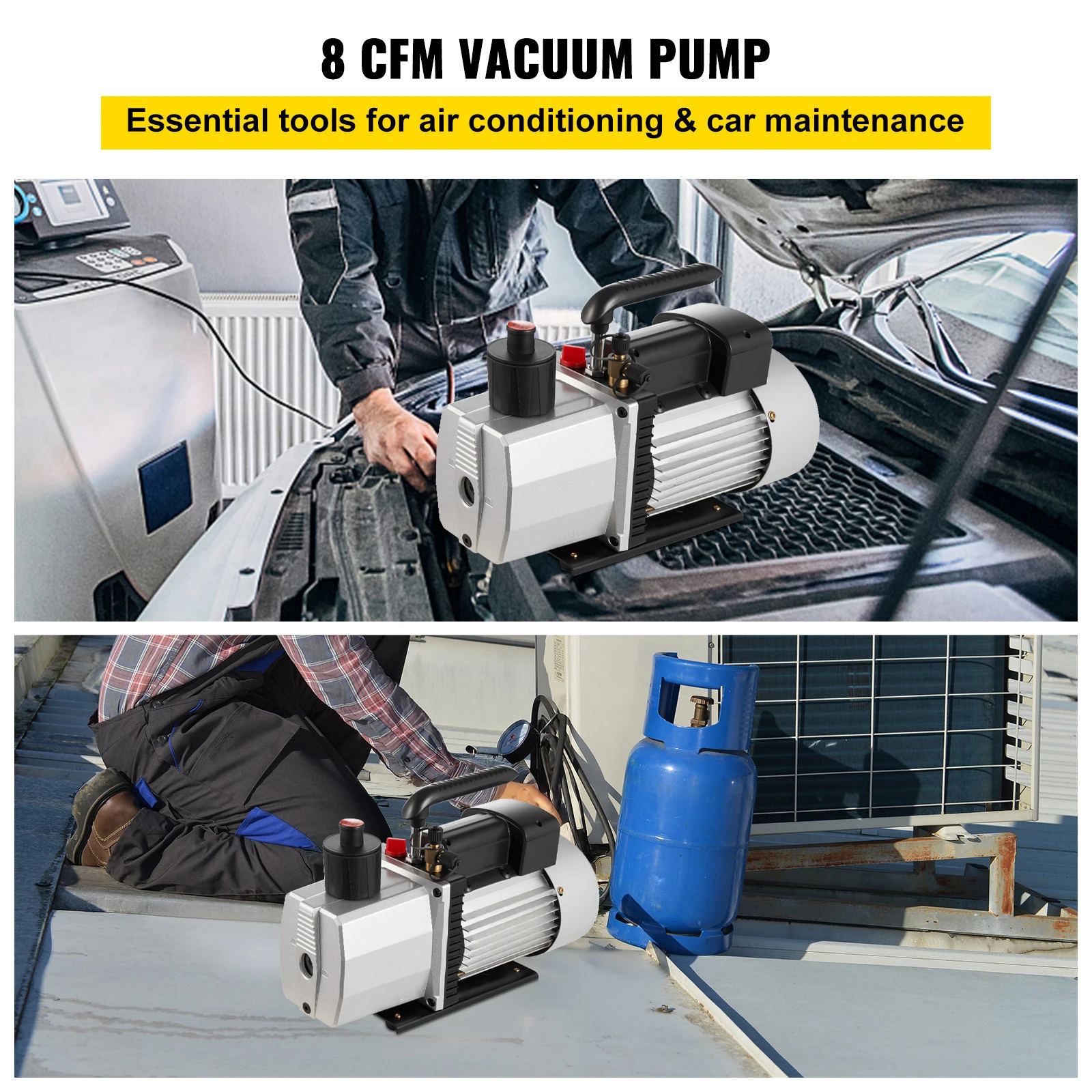 SucceBuy 8CFM 2단 로터리 베인 전문 진공 펌프(15Micron 3/4HP 1/4"플레어 3/8 SAE 1/2"ACME 입구) 에어컨용