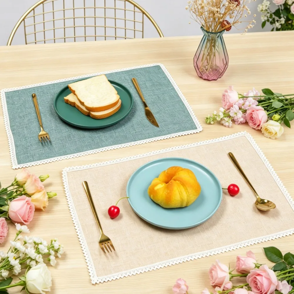 1/4/6pcs Cream Green Lace Edge Dining Table Mats Machine Washable Cloth Place Mats for Farmhouse Kitchen Gift Table Pad