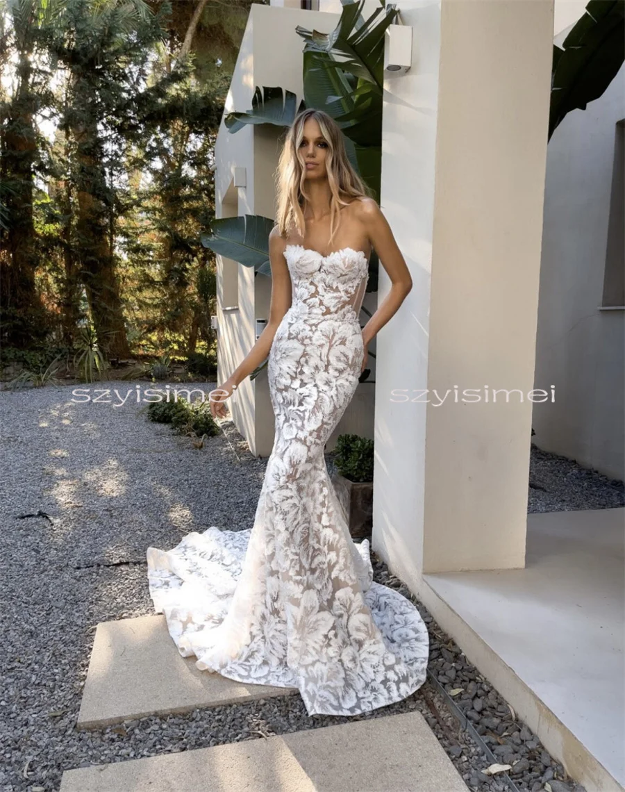 High QuanlitySweetheart Full Lace Applique Born Bodce Mermaid Wedding Dresses Backless Sweep Train Custom Made Bridal Grown Rode