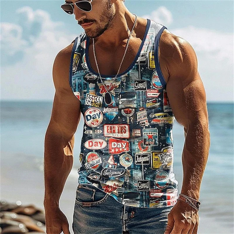 2026 Summer Retro Sleeveless Tank Top 3D-Printed Unisex Fashionable Sports Tank Top Beach Top Loose-Fitting Workout Wear Men's