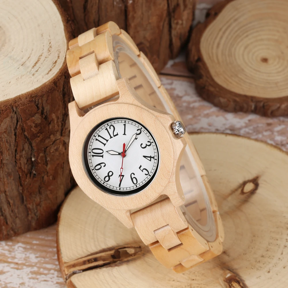 Natural Maple Wood Quartz Ladies Watch Bracelet Clasp Buckle Full Wooden Wristband Arabic Numerals Round Dial Women Watches