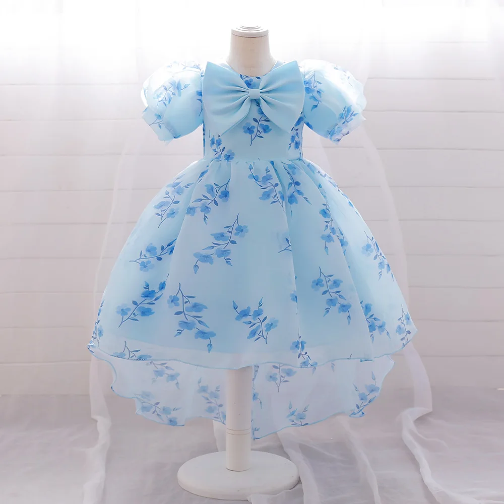 Baby Girls Trailing Party Dress Toddler Girl Blue Summer Fashion Dresses Kids 1st Birthday Princess Gown Children New Clothes