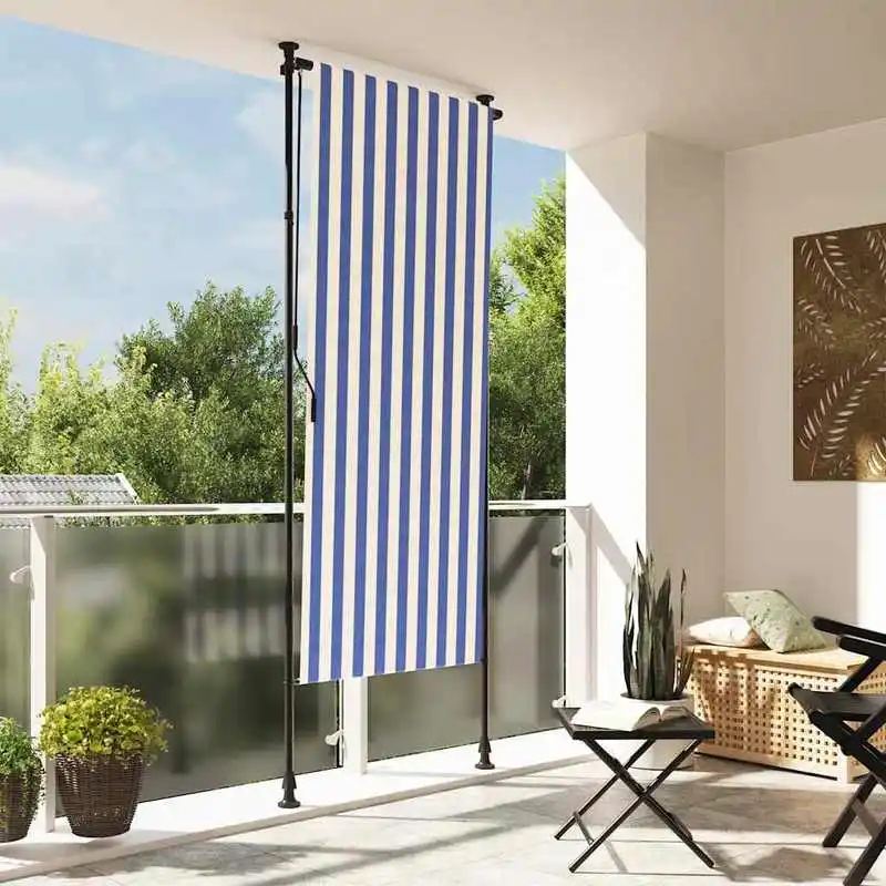 Auvent extérieur bleu et blanc, 120x270 cm, en tissu et acier, stable, résistant au soleil et à la pluie, facile à monter, auvent de terrasse robuste, protection contre les intempéries, grand auvent de jardin pour terrasse, balcon et jardin.