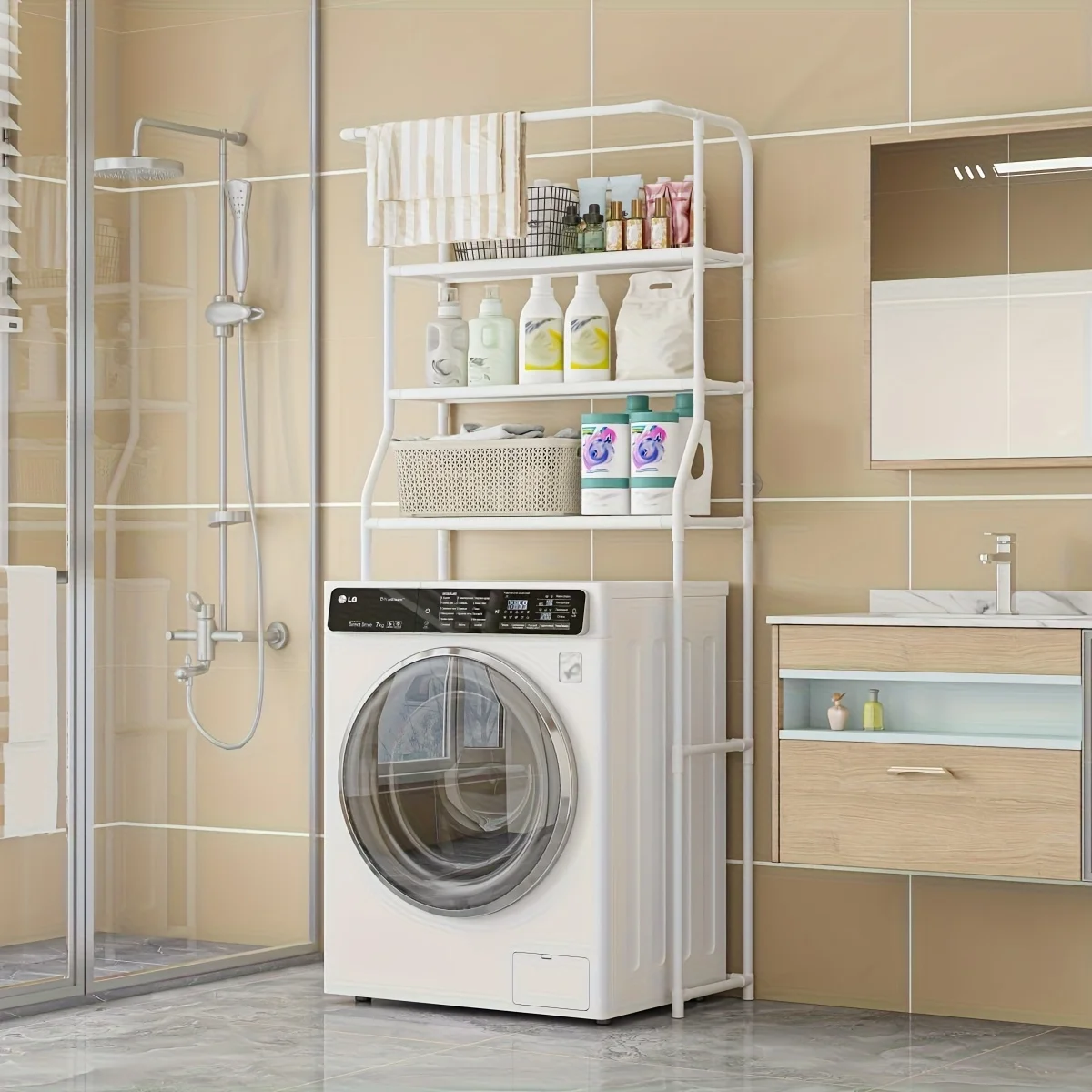 Badezimmer-Toilettenregal, Balkon-Waschmaschinenregal, Mehrstöckiges Metall-Aufbewahrungsregal mit Toilettenpapierhalter