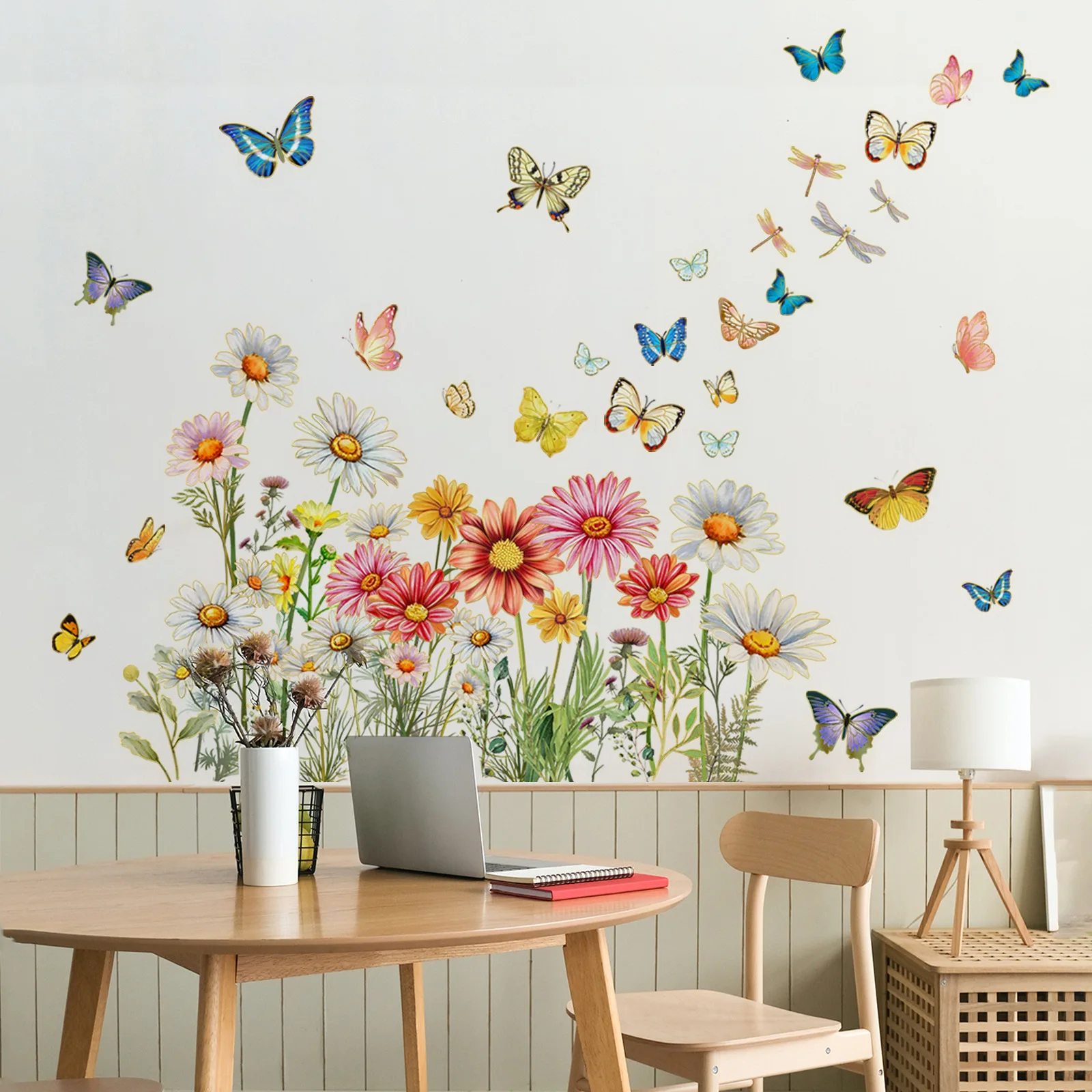 

Multicolor Daisy & Butterfly Wall Decals - Gold Foil Floral Stickers for Living Room & Bedroom Decor